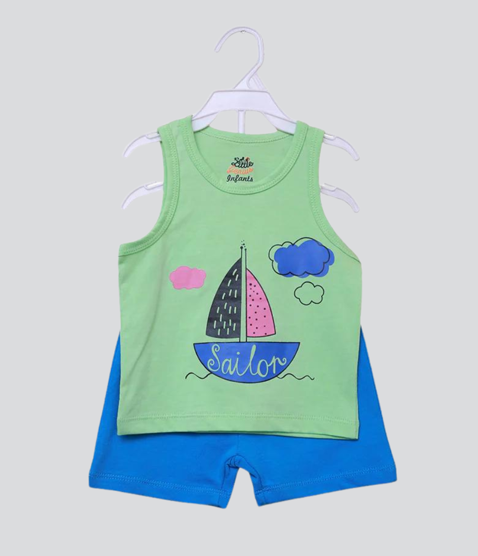 printed ship logo blue and light green romper set