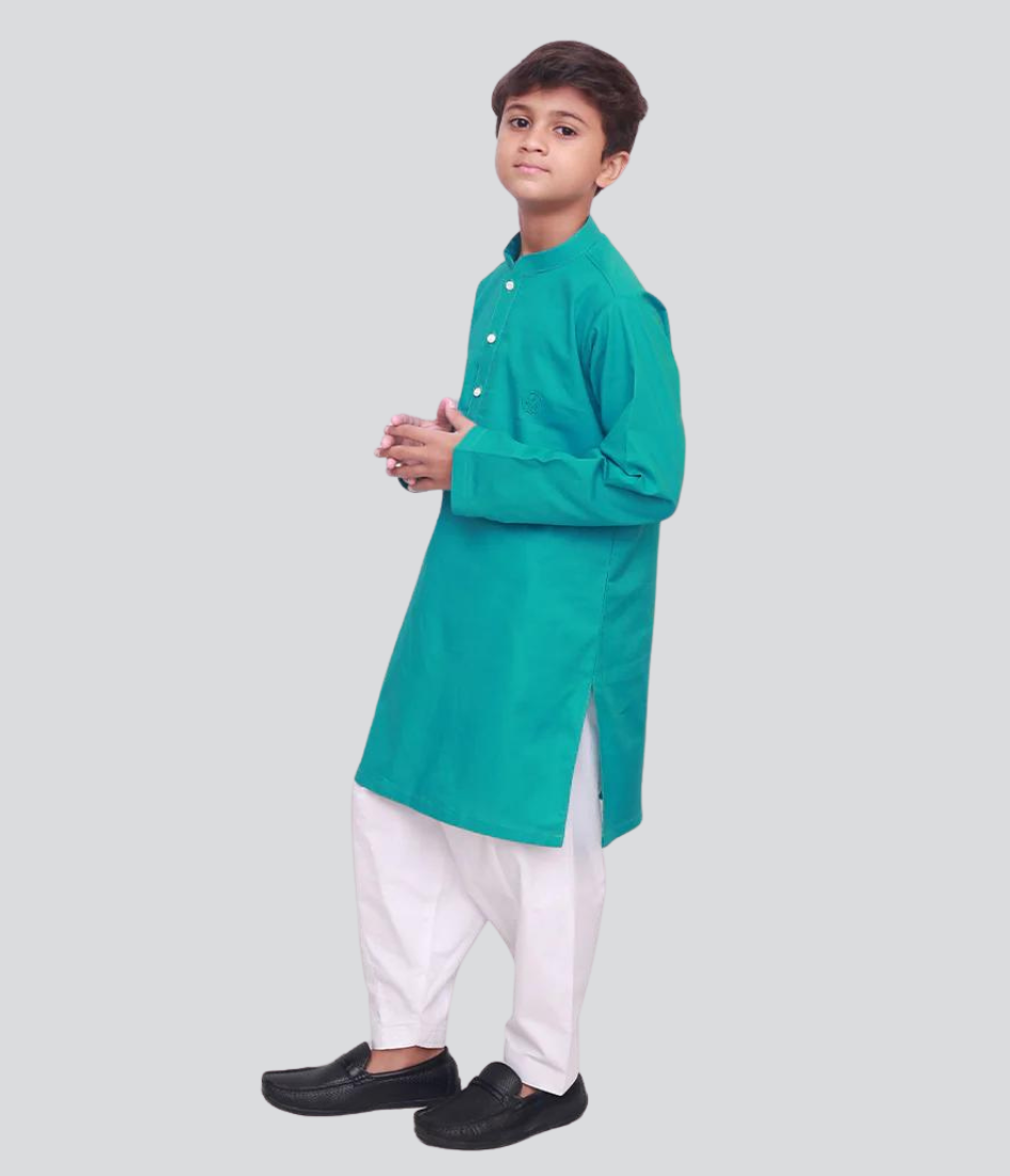 blended sea green kameez and white shalwar  for boy's